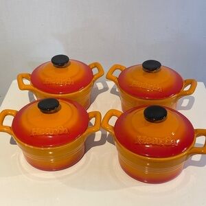 Set of 4 Vintage Hearth Orange Mini round Cocotte Stoneware Dish with Lids